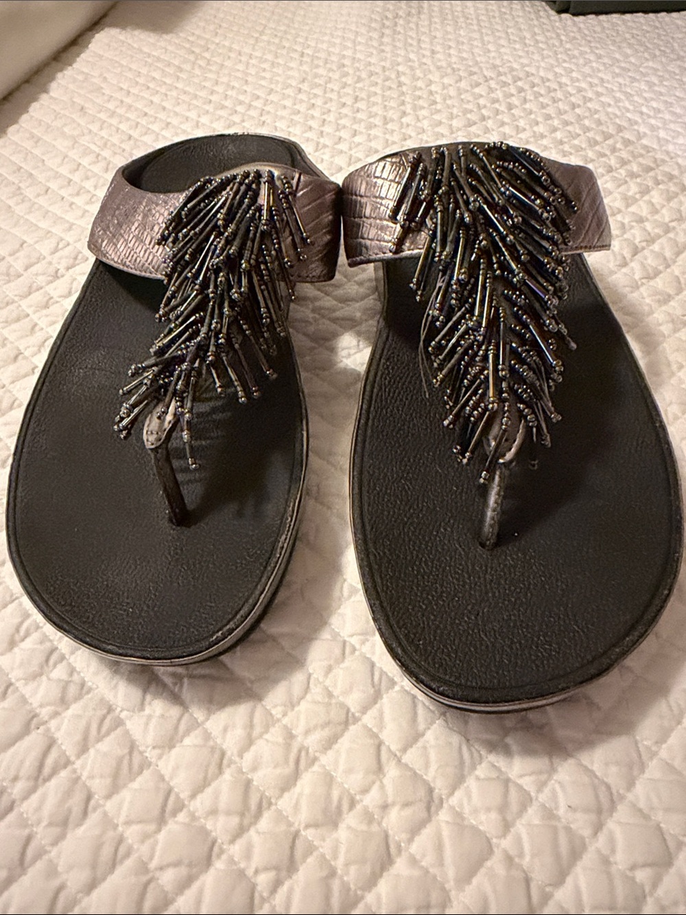 FitFlop Black Sandal with Metallic Gunmetal Beaded Fringe